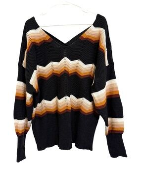 FCT with Love Black Chevron Stripe Crisscross Back Knit Sweater Plus 1X